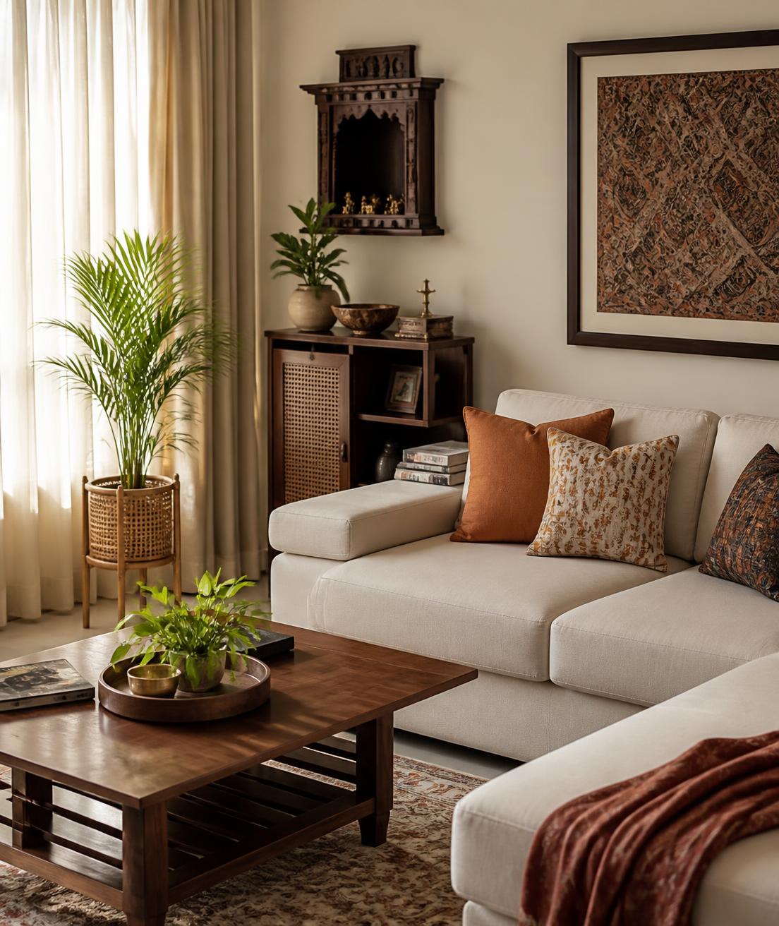 Warm contemporary Indian living room with layered textiles and wooden furniture