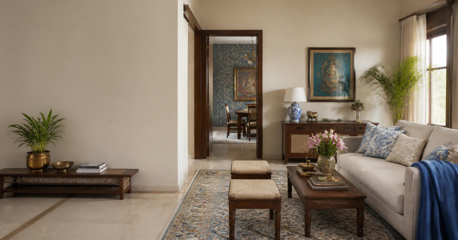 Elegant Indian living room styled with textiles and décor
